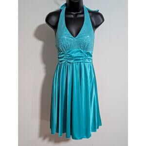 A.Byer Teal Blue Shimmer Halter Top Knee Length Semi Formal Dress Small